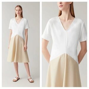 COS Draped Panel Cotton Jersey Dress Knee Length Two Tone White Beige